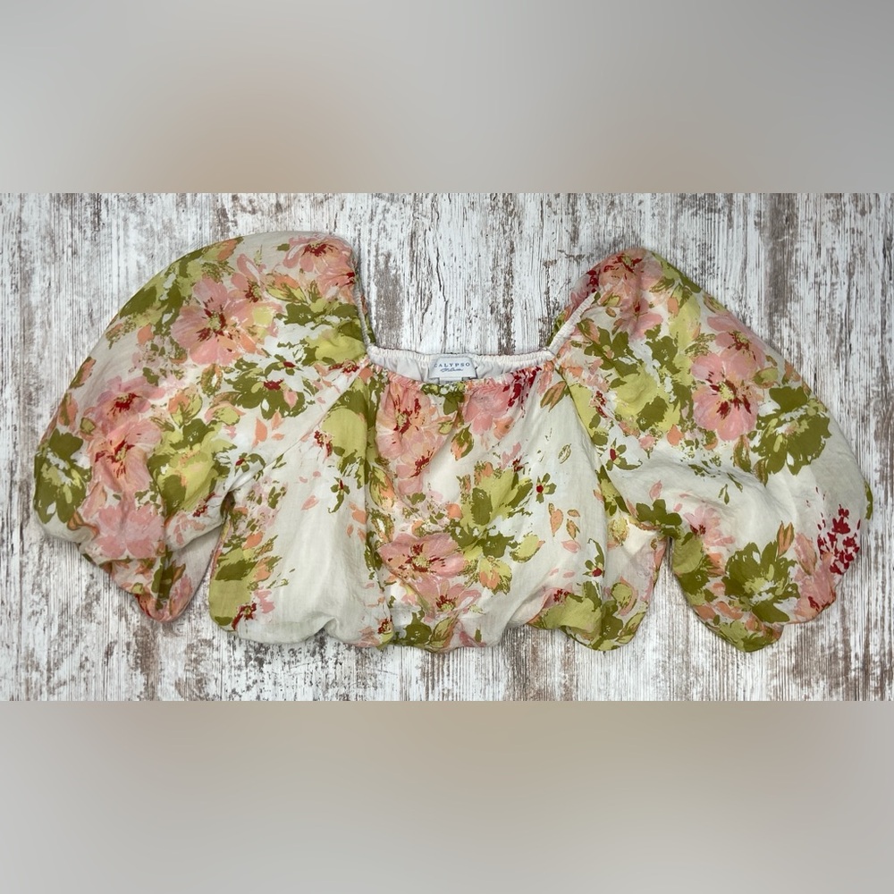 Calypso St. Barth Puff Shoulder Balloon Sleeve Floral Cropped Blouse XL EUC
